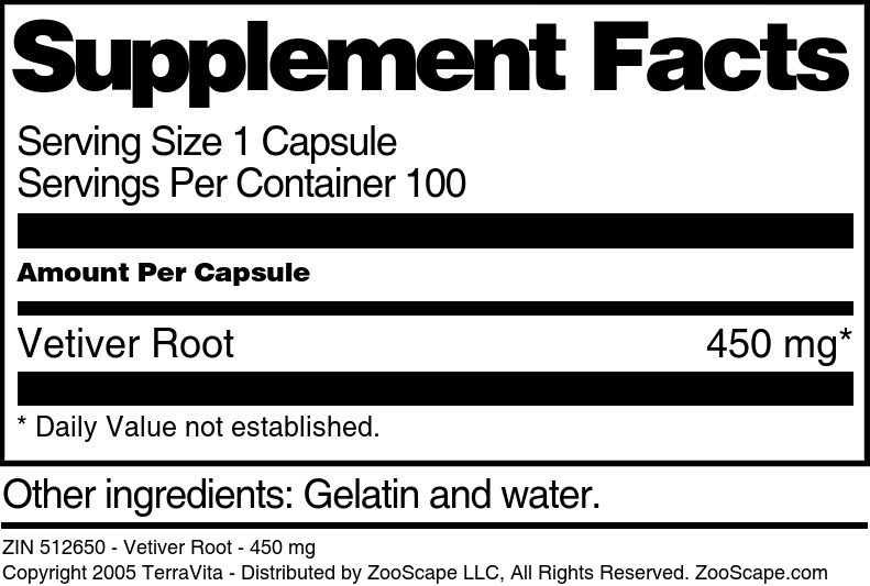 Vetiver Root - 450 mg - Supplement / Nutrition Facts