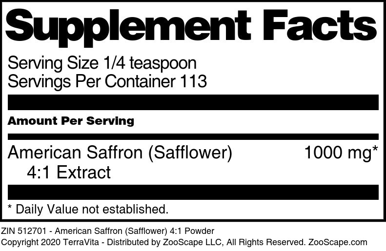 American Saffron (Safflower) 4:1 Powder - Supplement / Nutrition Facts