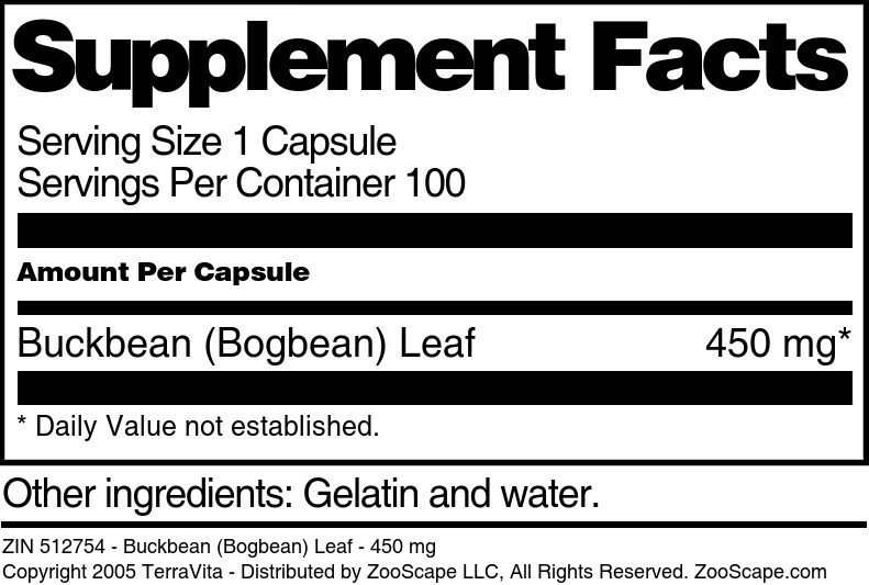 Buckbean (Bogbean) Leaf - 450 mg - Supplement / Nutrition Facts