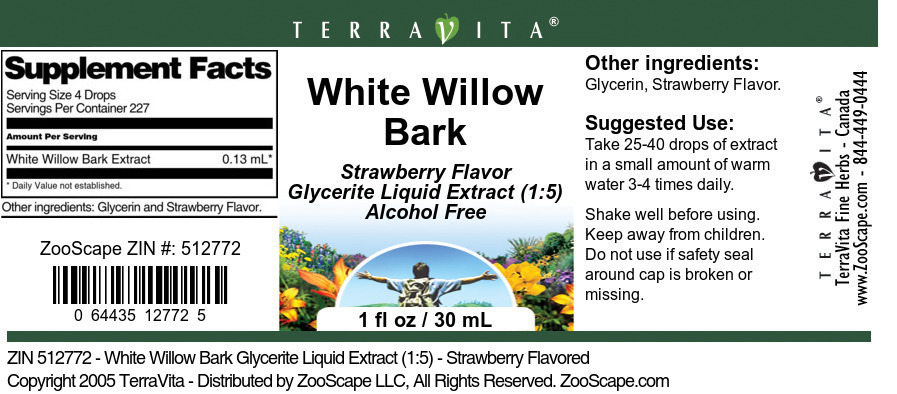 White Willow Bark Glycerite Liquid Extract (1:5) - Label