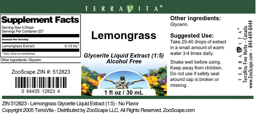 Lemongrass Glycerite Liquid Extract (1:5) - Label