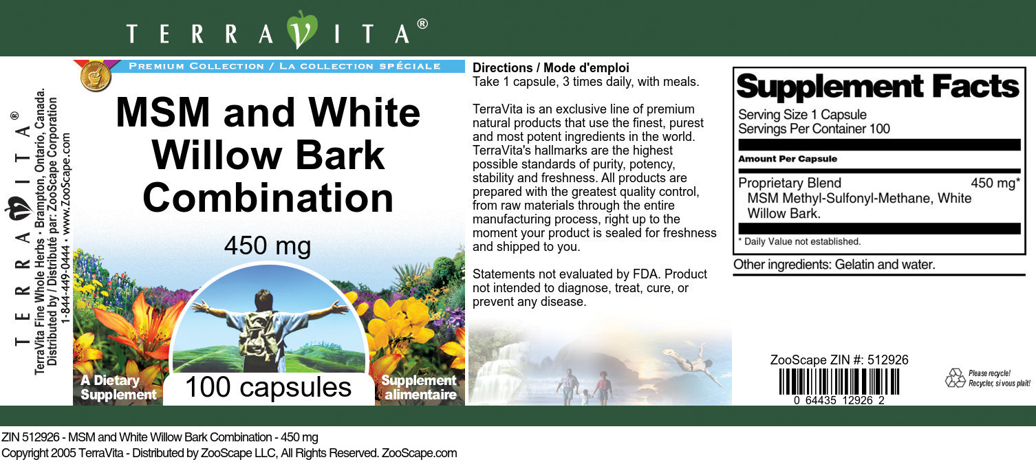 MSM and White Willow Bark Combination - 450 mg - Label