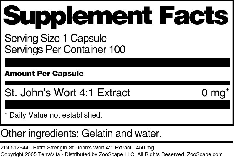 Extra Strength St. John's Wort 4:1 Extract - 450 mg - Supplement / Nutrition Facts
