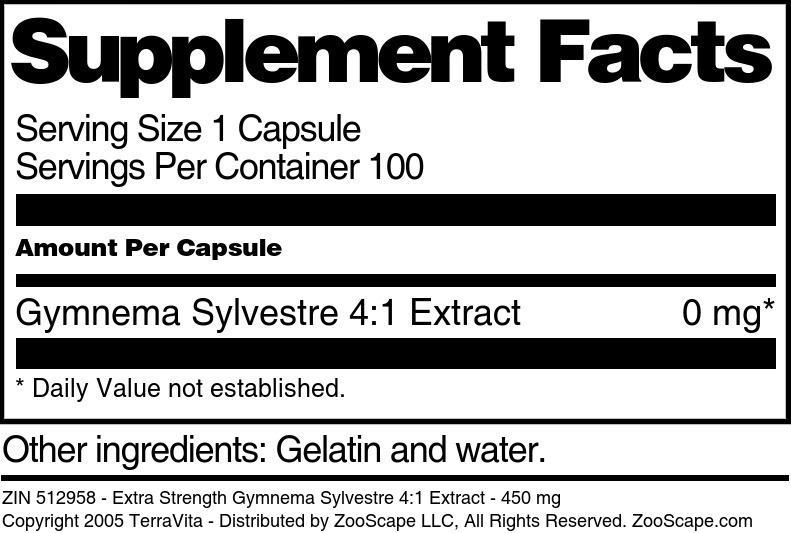 Extra Strength Gymnema Sylvestre 4:1 Extract - 450 mg - Supplement / Nutrition Facts