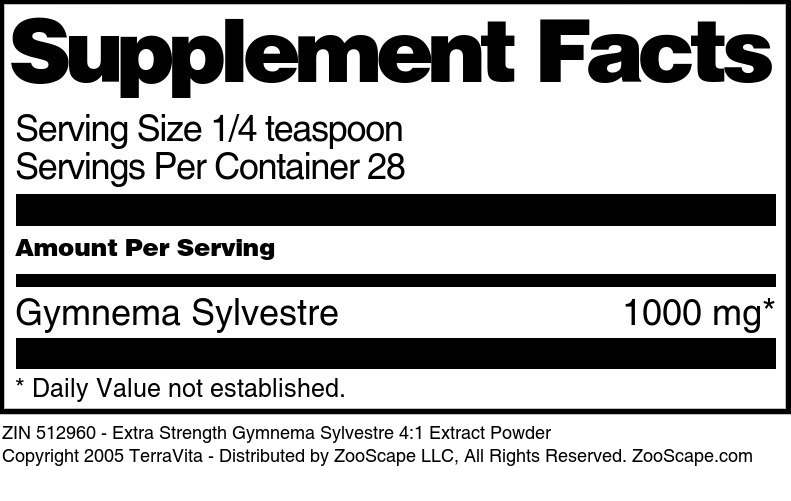 Extra Strength Gymnema Sylvestre 4:1 Extract Powder - Supplement / Nutrition Facts