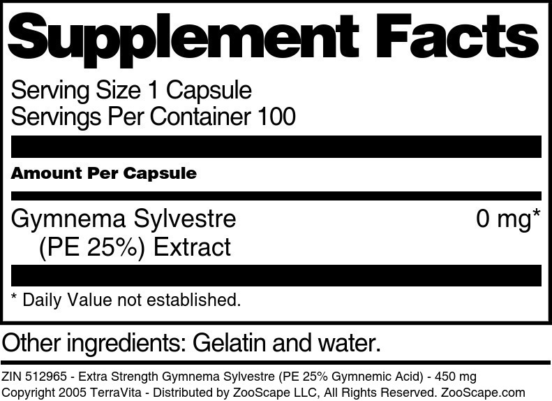 Extra Strength Gymnema Sylvestre (PE 25% Gymnemic Acid) - 450 mg - Supplement / Nutrition Facts