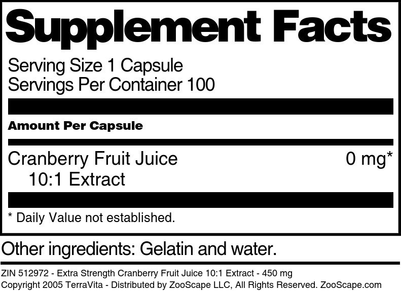 Extra Strength Cranberry Fruit Juice 10:1 Extract - 450 mg - Supplement / Nutrition Facts