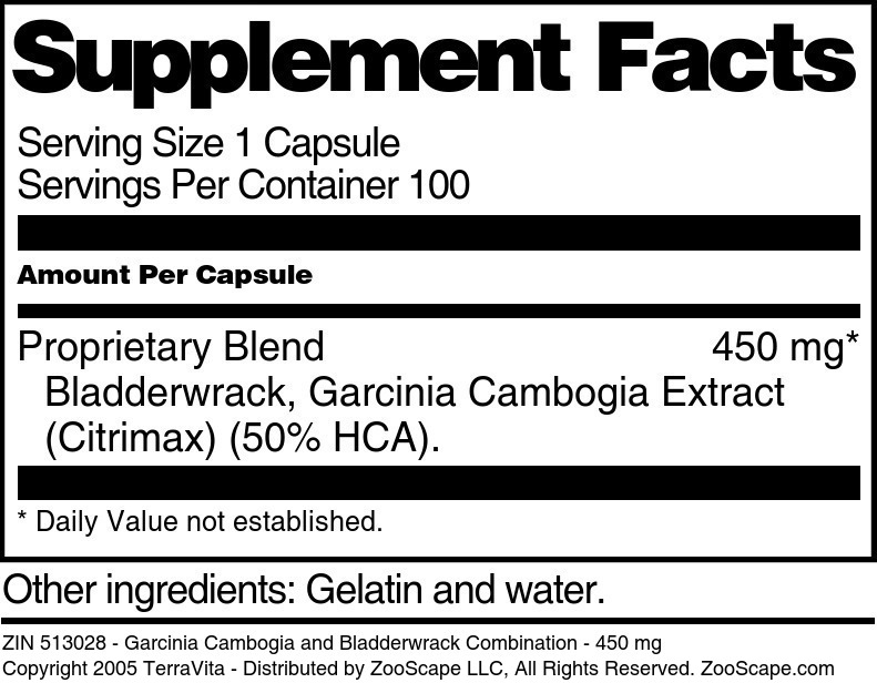 Garcinia Cambogia and Bladderwrack Combination - 450 mg - Supplement / Nutrition Facts