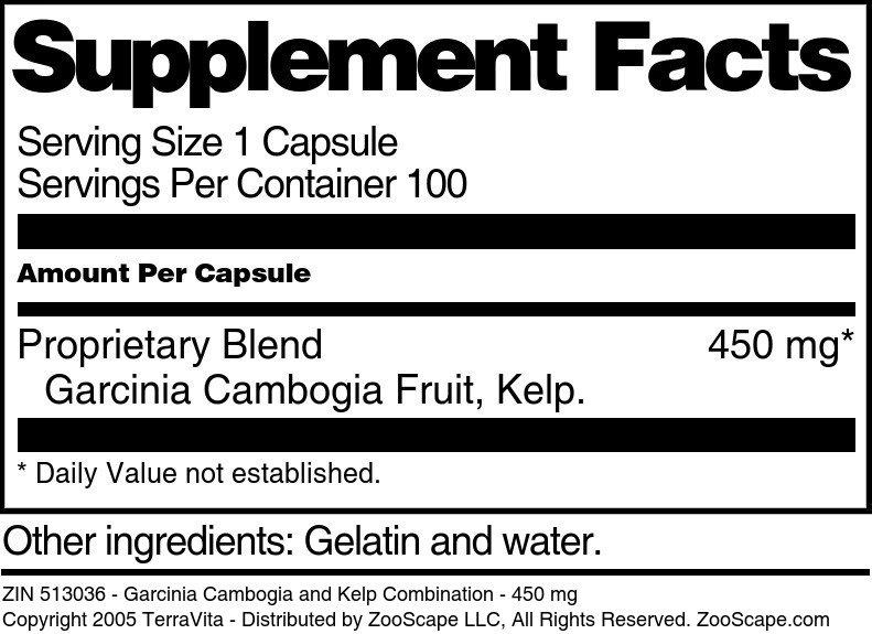Garcinia Cambogia and Kelp Combination - 450 mg - Supplement / Nutrition Facts