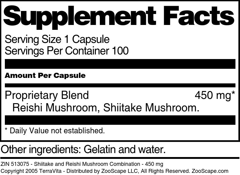 Shiitake and Reishi Mushroom Combination - 450 mg - Supplement / Nutrition Facts