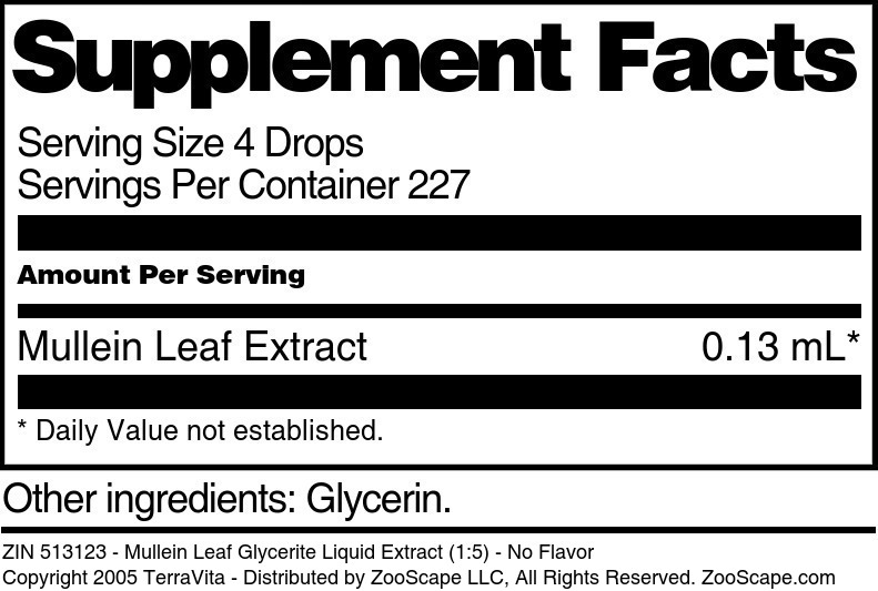 Mullein Leaf Glycerite Liquid Extract (1:5) - Supplement / Nutrition Facts