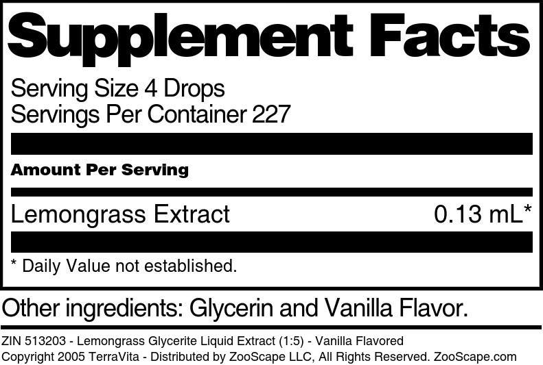 Lemongrass Glycerite Liquid Extract (1:5) - Supplement / Nutrition Facts