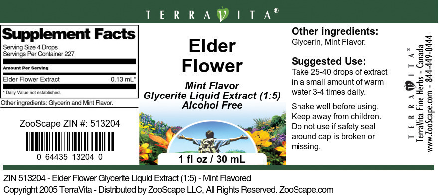 Elder Flower Glycerite Liquid Extract (1:5) - Label