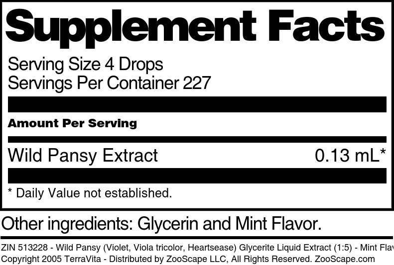 Wild Pansy (Violet, Viola tricolor, Heartsease) Glycerite Liquid Extract (1:5) - Supplement / Nutrition Facts