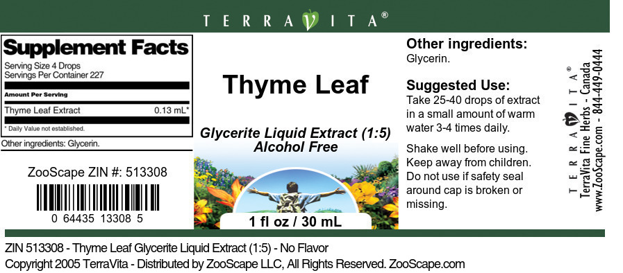 Thyme Leaf Glycerite Liquid Extract (1:5) - Label
