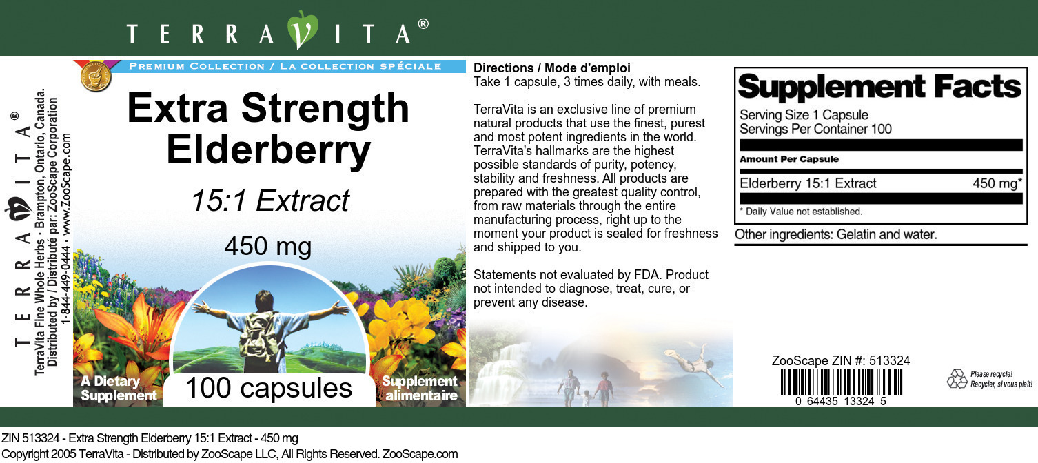 Extra Strength Elderberry 15:1 Extract - 450 mg - Label
