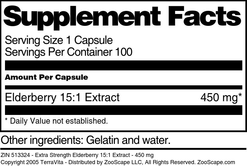 Extra Strength Elderberry 15:1 Extract - 450 mg - Supplement / Nutrition Facts