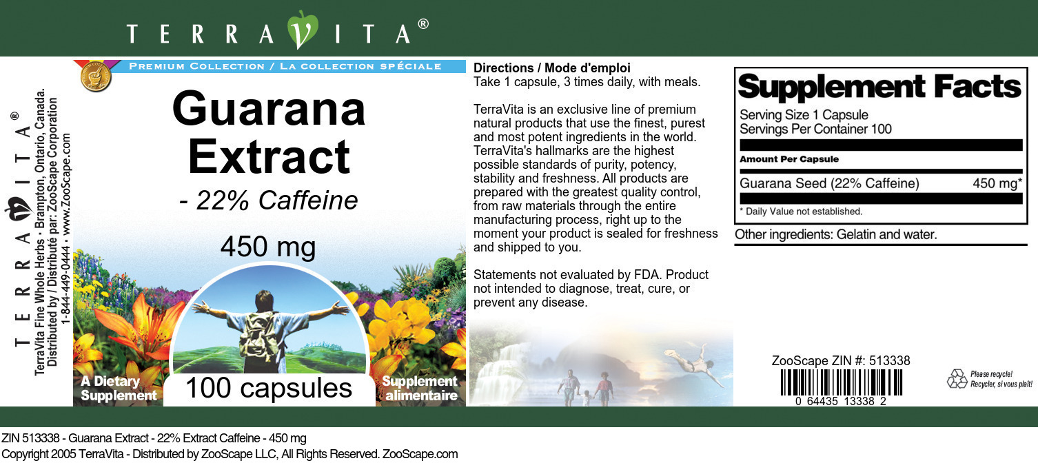 Guarana Extract - 22% Caffeine - 450 mg - Label