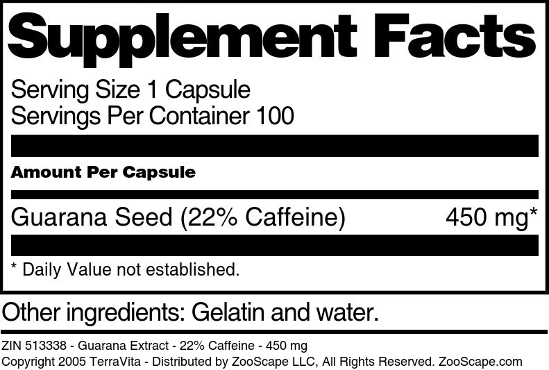 Guarana Extract - 22% Caffeine - 450 mg - Supplement / Nutrition Facts