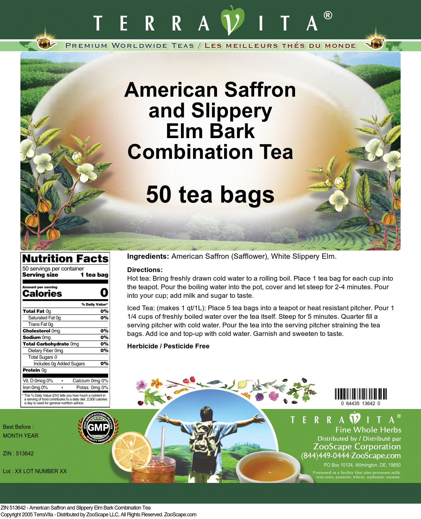 American Saffron and Slippery Elm Bark Combination Tea - Label
