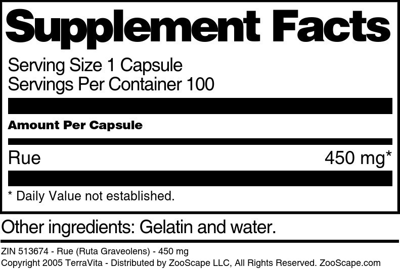 Rue (Ruta Graveolens) - 450 mg - Supplement / Nutrition Facts