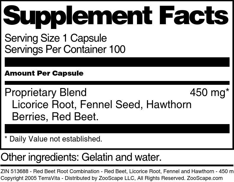 Red Beet Root Combination - Red Beet, Licorice Root, Fennel and Hawthorn - 450 mg - Supplement / Nutrition Facts