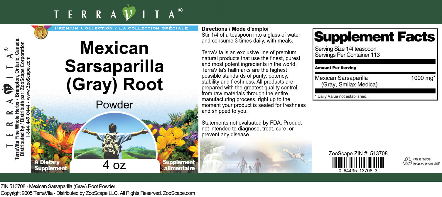 Mexican Sarsaparilla (Gray) Root Powder - Label