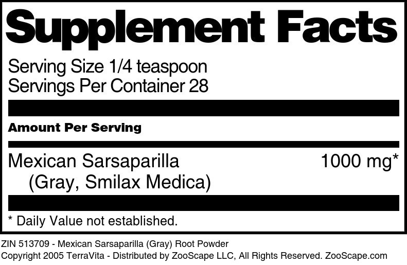 Mexican Sarsaparilla (Gray) Root Powder - Supplement / Nutrition Facts