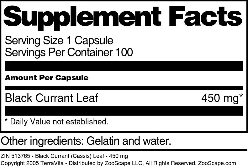 Black Currant (Cassis) Leaf - 450 mg - Supplement / Nutrition Facts