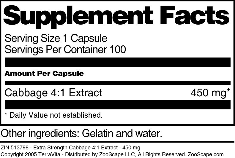 Extra Strength Cabbage 4:1 Extract - 450 mg - Supplement / Nutrition Facts
