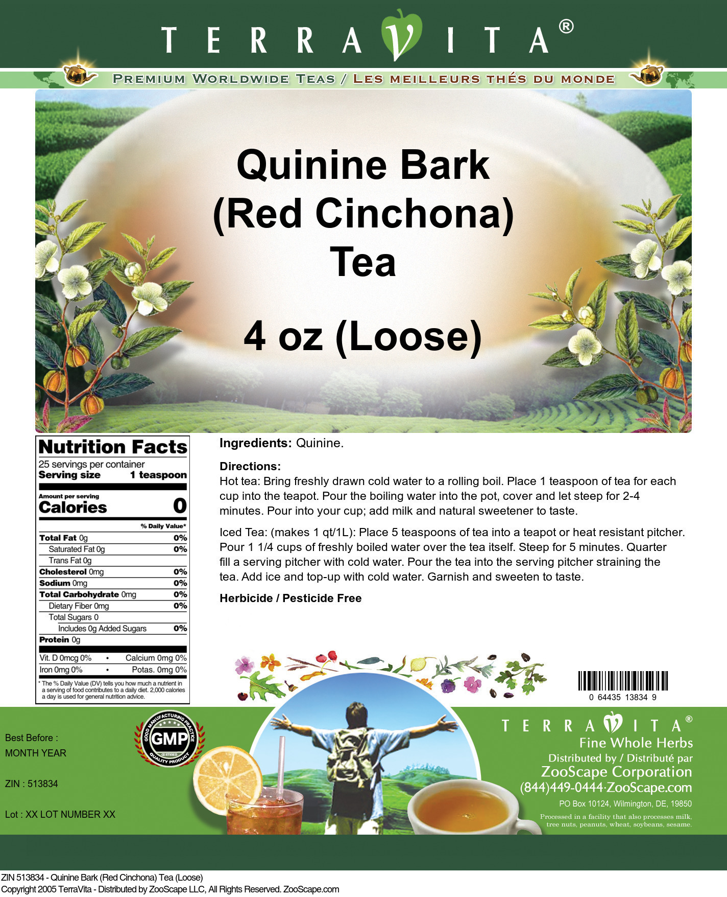 Quinine Bark (Red Cinchona) Tea (Loose) - Label