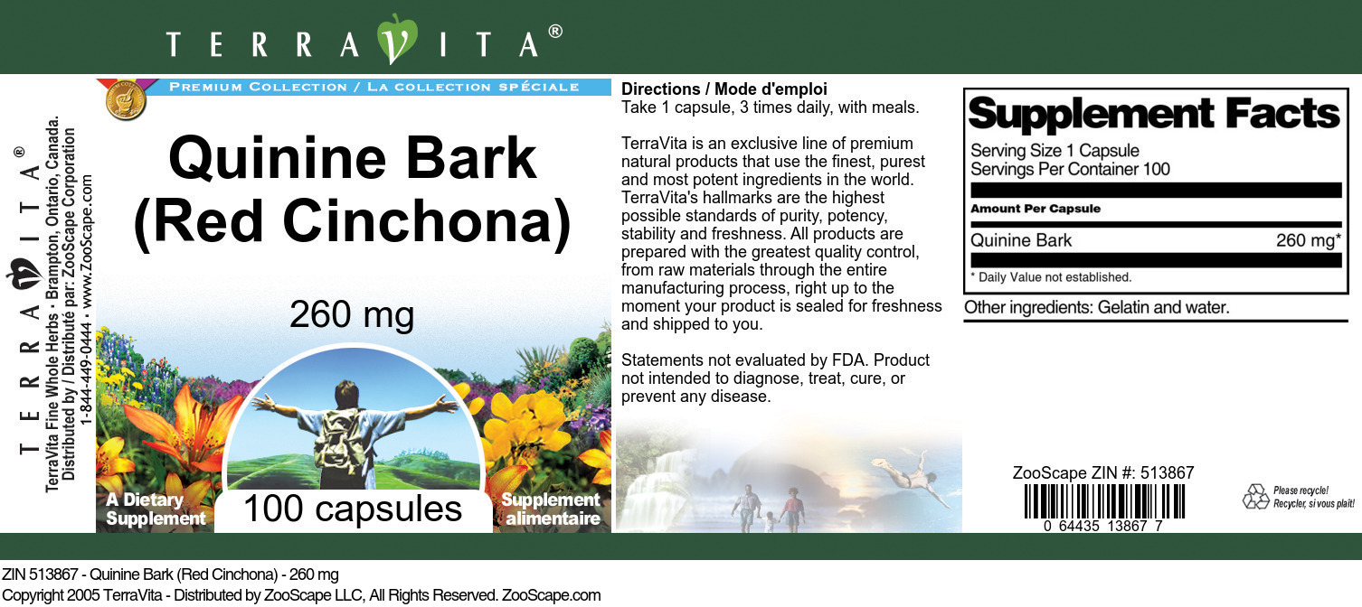 Quinine Bark (Red Cinchona) - 260 mg - Label