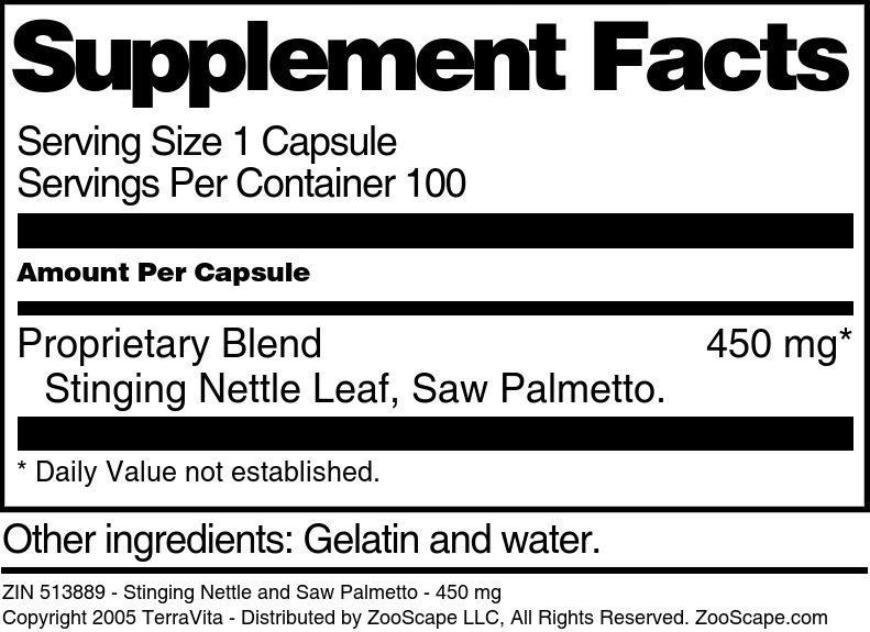 Stinging Nettle and Saw Palmetto - 450 mg - Supplement / Nutrition Facts