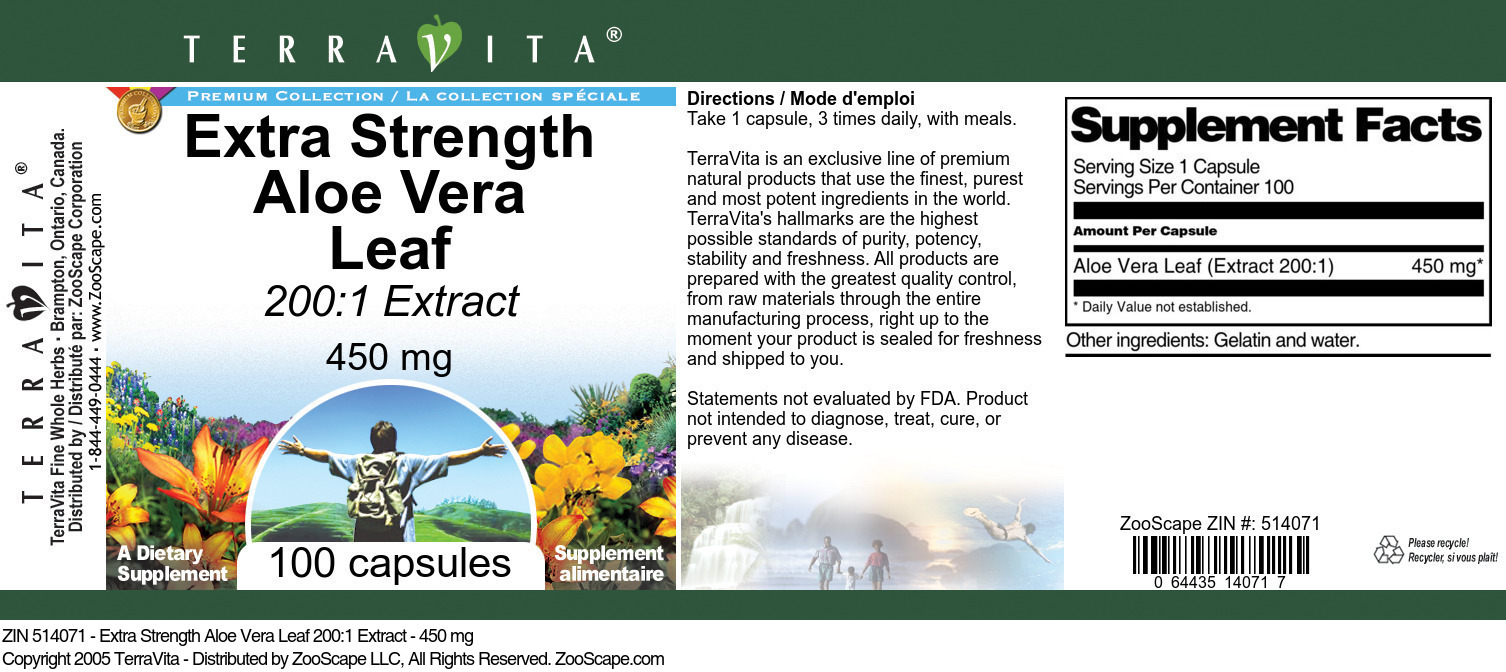 Extra Strength Aloe Vera Leaf 200:1 Extract - 450 mg - Label