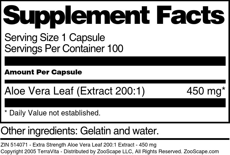 Extra Strength Aloe Vera Leaf 200:1 Extract - 450 mg - Supplement / Nutrition Facts