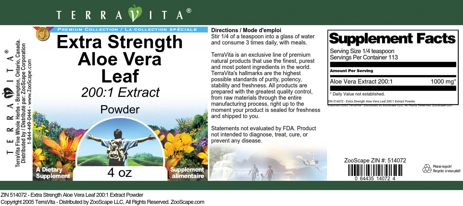 Extra Strength Aloe Vera Leaf 200:1 Extract Powder - Label