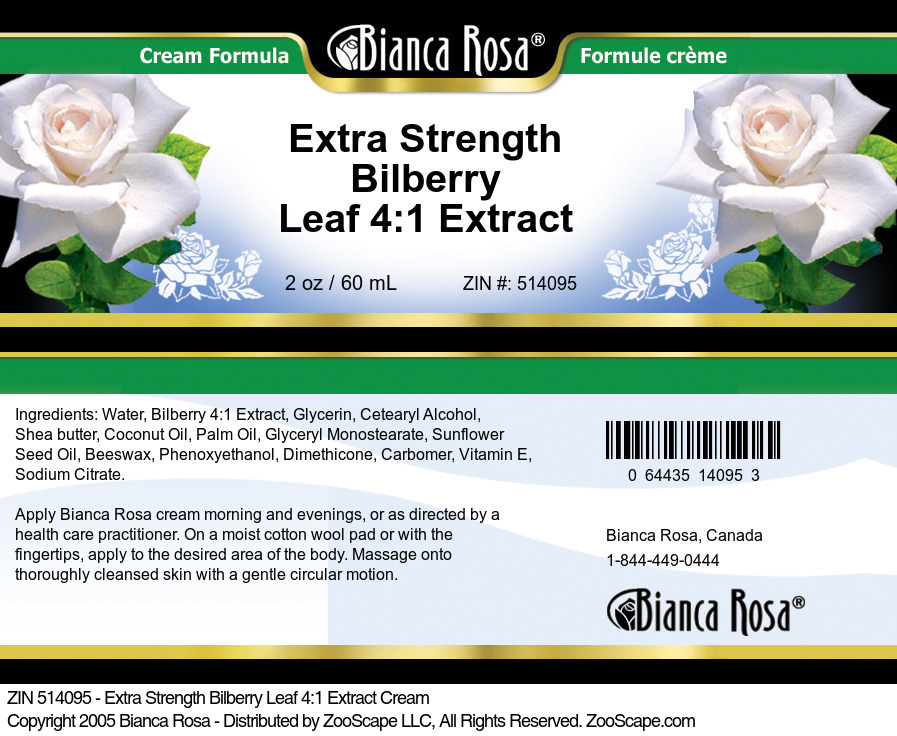 Extra Strength Bilberry Leaf 4:1 Extract Cream - Label