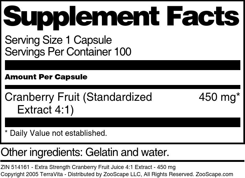 Extra Strength Cranberry Fruit Juice 4:1 Extract - 450 mg - Supplement / Nutrition Facts