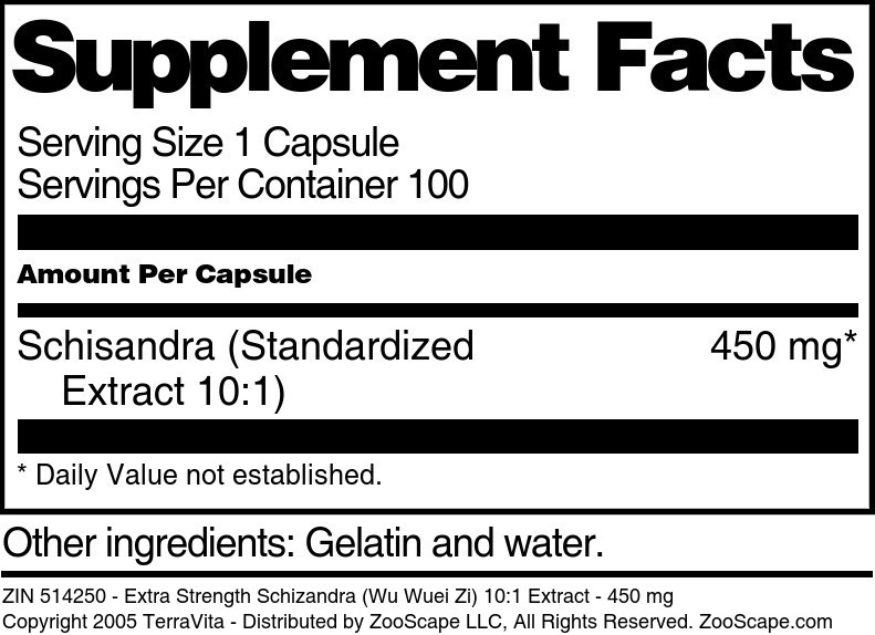 Extra Strength Schizandra (Wu Wuei Zi) 10:1 Extract - 450 mg - Supplement / Nutrition Facts