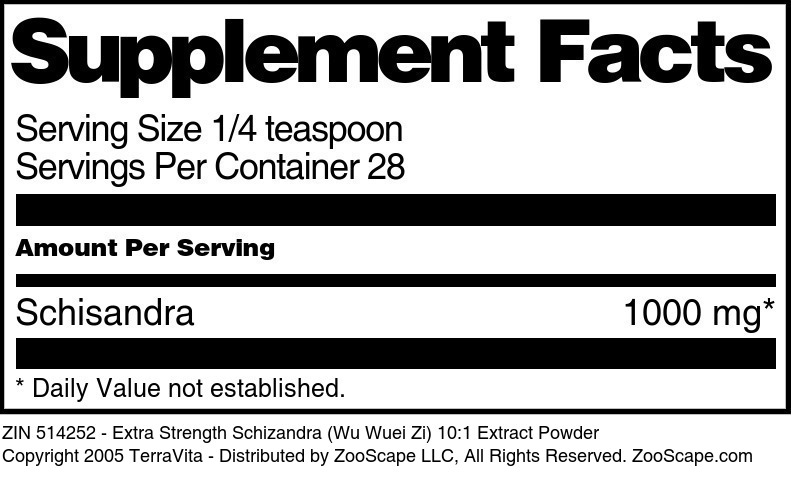 Extra Strength Schizandra (Wu Wuei Zi) 10:1 Extract Powder - Supplement / Nutrition Facts