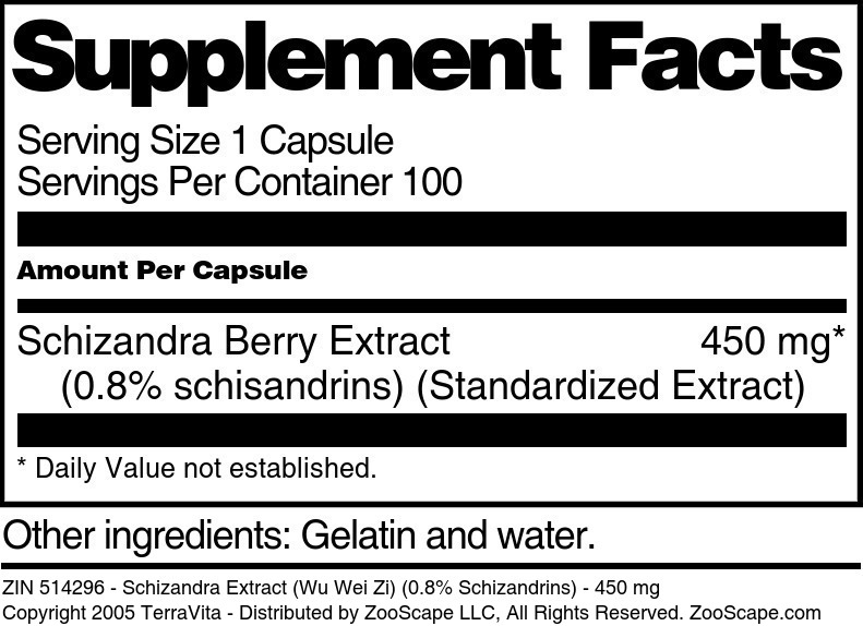 Schizandra Extract (Wu Wei Zi) (0.8% Schizandrins) - 450 mg - Supplement / Nutrition Facts