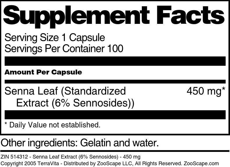 Senna Leaf Extract (6% Sennosides) - 450 mg - Supplement / Nutrition Facts