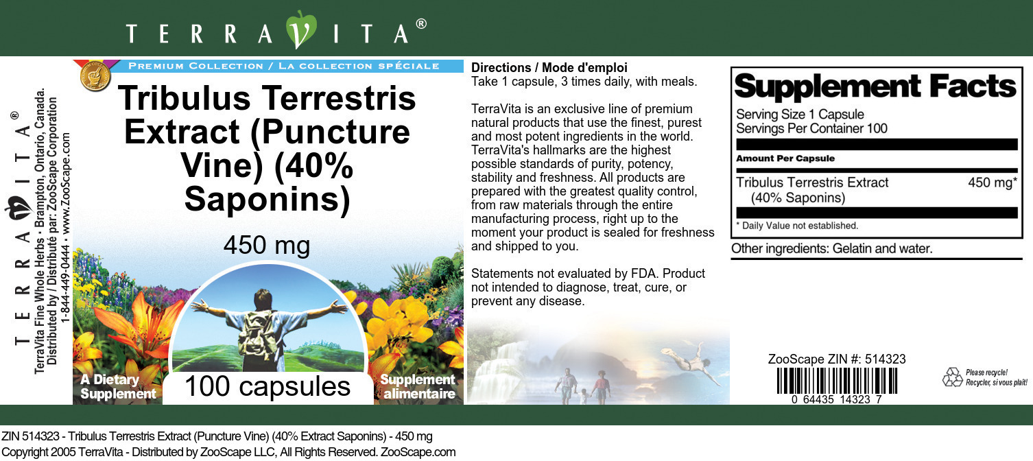 Tribulus Terrestris Extract (Puncture Vine) (40% Saponins) - 450 mg - Label