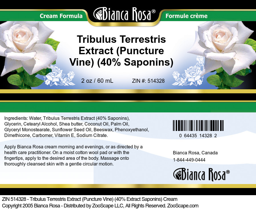 Tribulus Terrestris Extract (Puncture Vine) (40% Saponins) Cream - Label