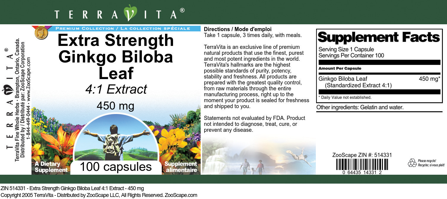 Extra Strength Ginkgo Biloba Leaf 4:1 Extract - 450 mg - Label
