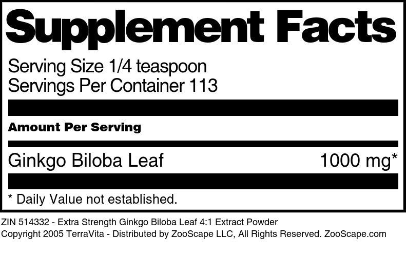 Extra Strength Ginkgo Biloba Leaf 4:1 Extract Powder - Supplement / Nutrition Facts