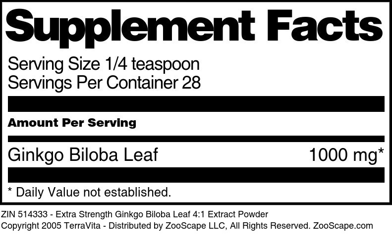 Extra Strength Ginkgo Biloba Leaf 4:1 Extract Powder - Supplement / Nutrition Facts