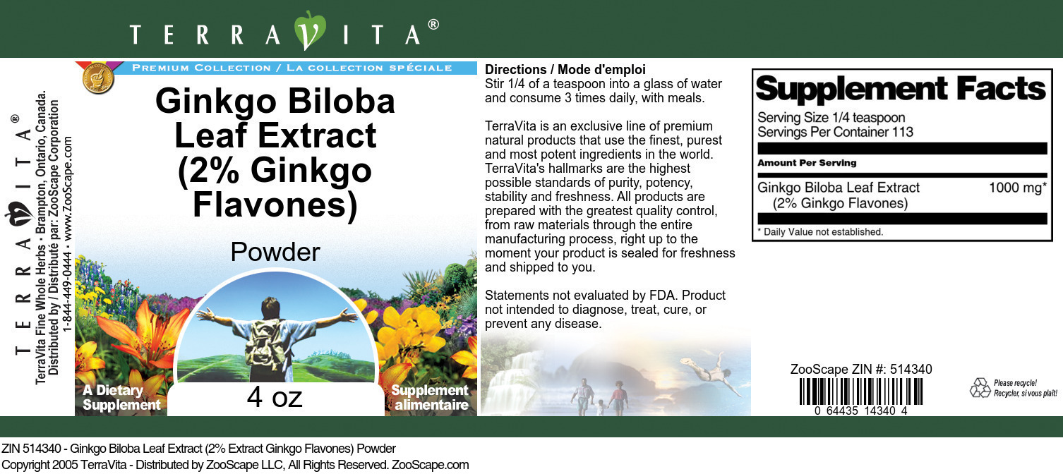 Ginkgo Biloba Leaf Extract (2% Ginkgo Flavones) Powder - Label