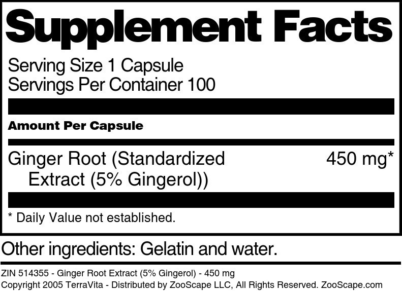 Ginger Root Extract (5% Gingerol) - 450 mg - Supplement / Nutrition Facts
