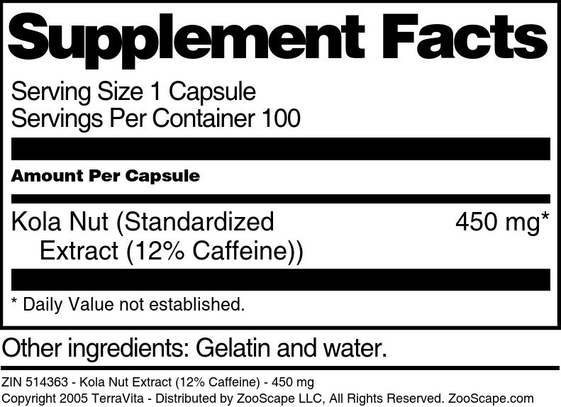 Kola Nut Extract (12% Caffeine) - 450 mg - Supplement / Nutrition Facts